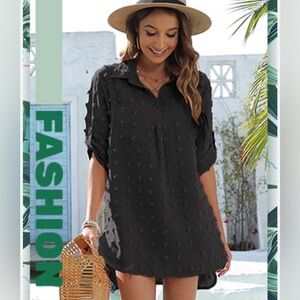 Fashion Women’s Medium Black Swiss Dot Lightweight Beach Cover Up Tunic Top